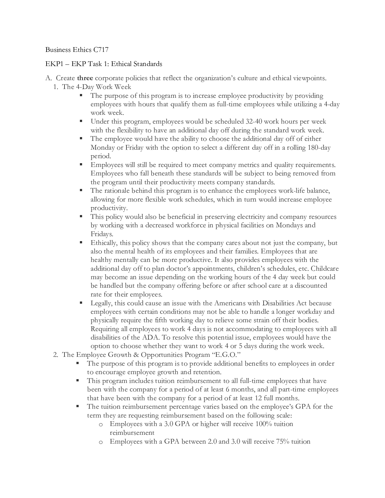 Preview of C717Task1.docx  Business Ethics C717  EKP1 â€“ EKP Task 1: Ethical Standards  A.Â Â Create